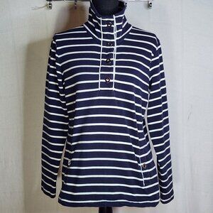 Karen Scott Sport Navy Stripe Cotton Span LS 1/4 Snap Up Stand Collar Top Sz M